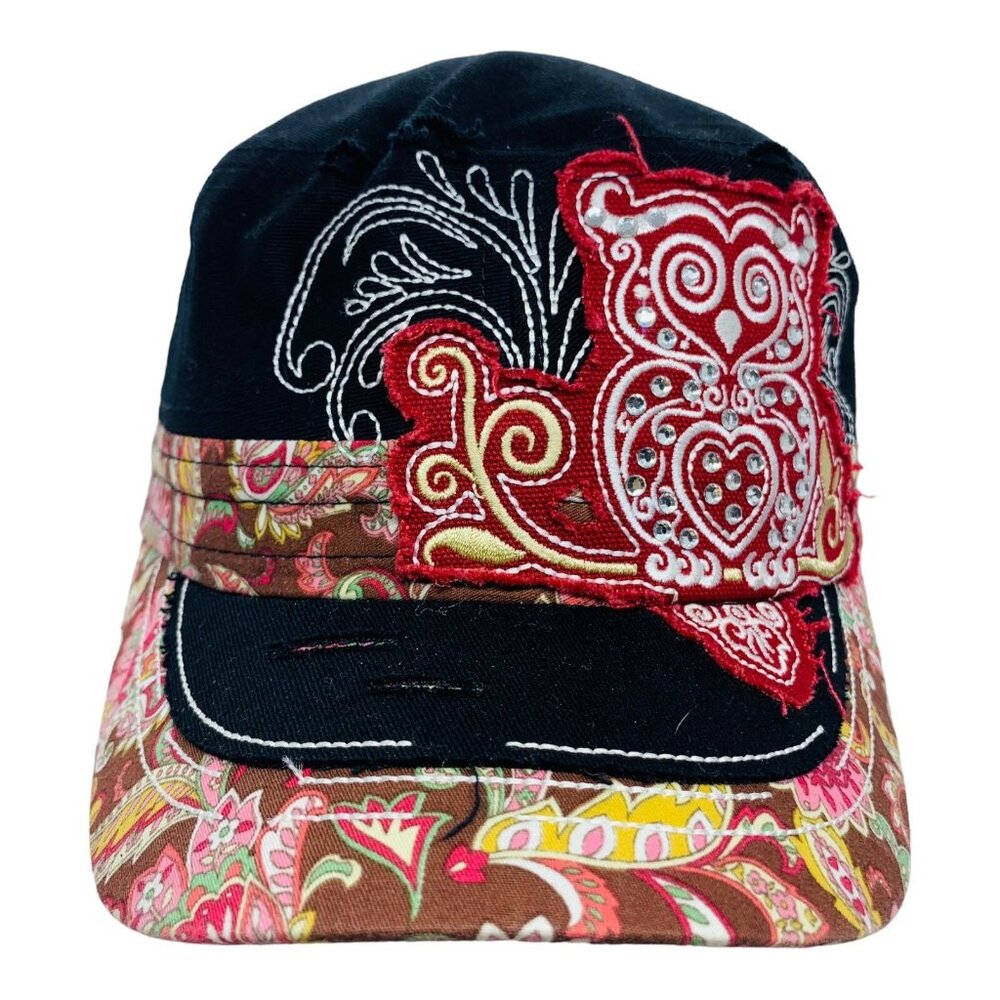 Kbethos Distressed Owl Embroidered Black Paisley Adjustable Cap Rhinestone